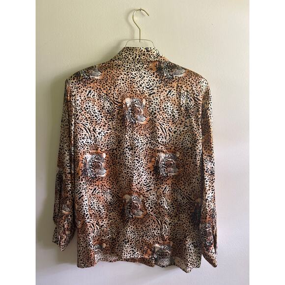 Vtg tiger leopard animal print 90s silk blouse Sz 10 - Picture 3 of 5